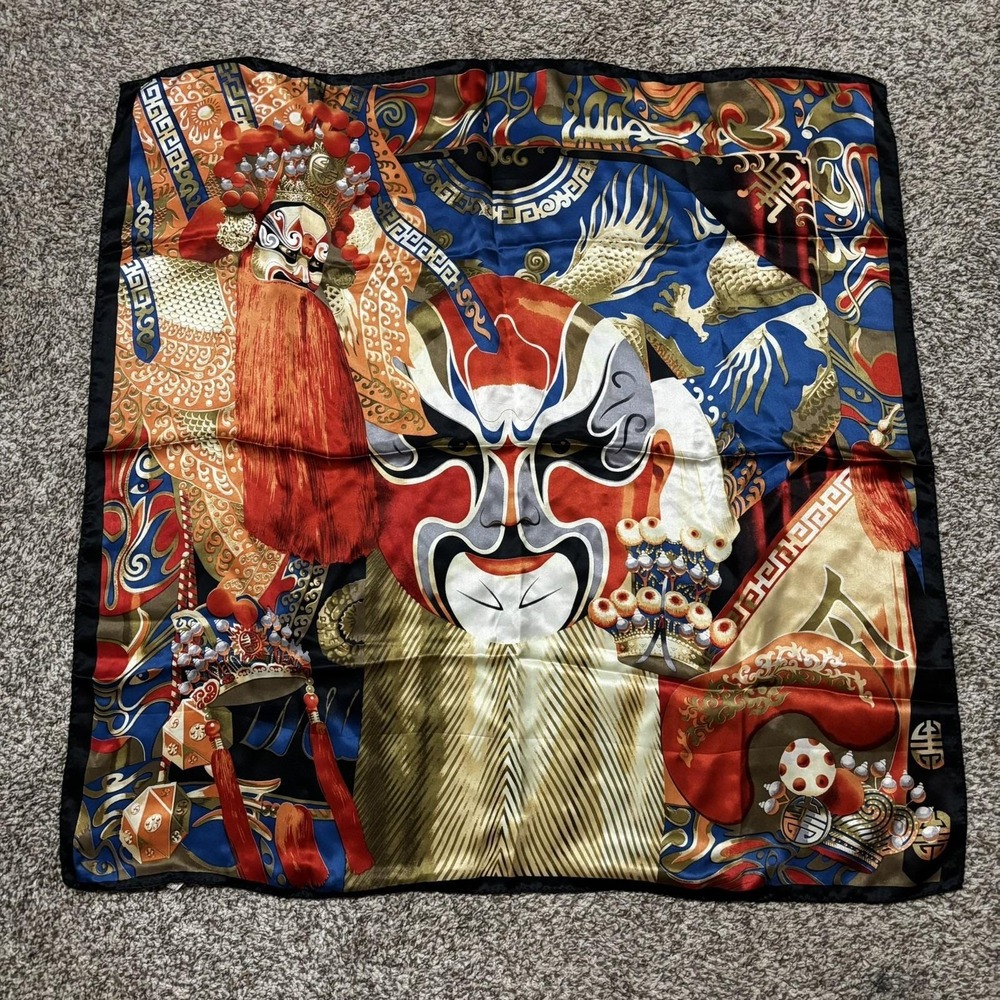 Asilk Asian Opera Mask Print X-Large 100% Silk Scarf 33"x33"